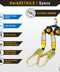 Six Foot Twin Leg Self Retracting Lifeline No Tangling Web SRL Lanyard Class One Fall Protection ANSI OSHA Compliant Lightweight Polymer Webbing With Two Three Quarter Inch Polyester Straps product image showing safety features and specifications.