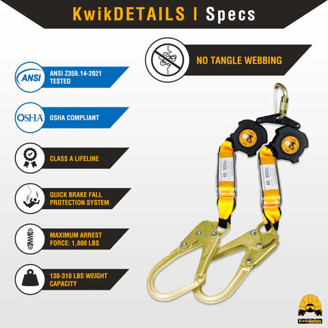 Six Foot Twin Leg Self Retracting Lifeline No Tangling Web SRL Lanyard Class One Fall Protection ANSI OSHA Compliant Lightweight Polymer Webbing With Two Three Quarter Inch Polyester Straps product image showing safety features and specifications.