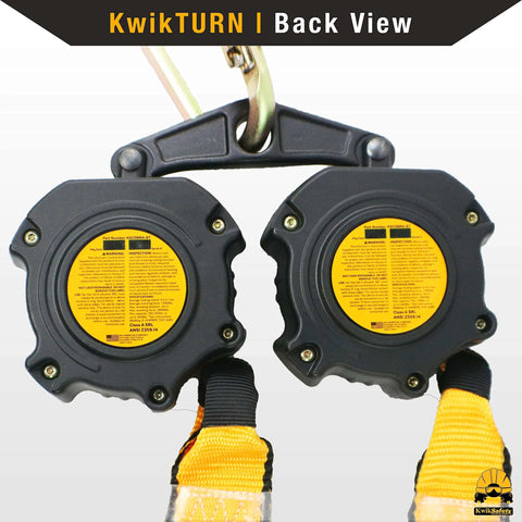 Back view of Six Foot Twin Leg Self Retracting Lifeline No Tangling Web SRL Lanyard Class One Fall Protection ANSI OSHA Compliant