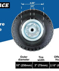 Kf4003 twin pack 10-inch solid rubber tire wheels replacement 3.00-4 tires wheels flat free with 5/8" bearings shown from front view