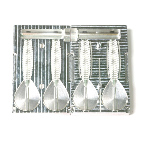 Soft Plastic Lure Injection Mold Twin Tail Menace 3.4 Inch Aluminum Two Cavity shown open with detailed air vent design