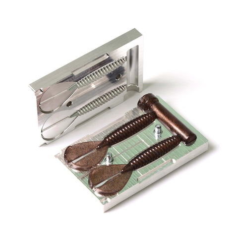 Soft Plastic Lure Injection Mold Twin Tail Menace 3.4 Inch Aluminum Two Cavity For Durable Bait Making Compatible With Plastisol Injectors