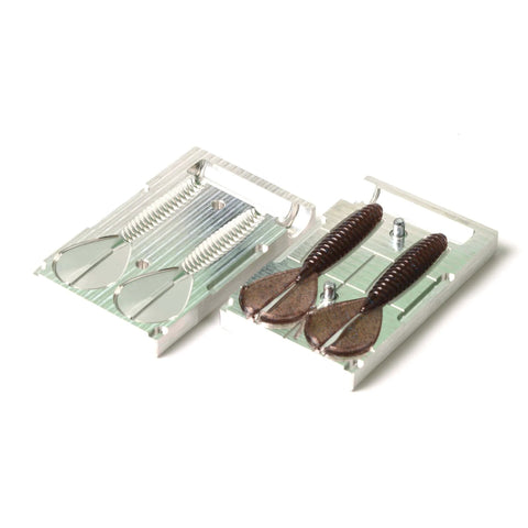 Soft Plastic Lure Injection Mold Twin Tail Menace 3.4 Inch Aluminum Two Cavity for Durable Bait Making with realistic detail.