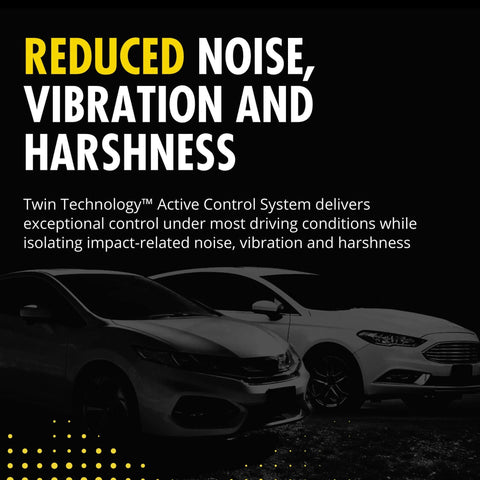 Two vehicles showcasing reduced noise, vibration, and harshness with Twin Technology Active Control System description.