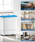 Compact twin-tub portable washer with a drying rack and 10 hangers delivers powerful stain removal in tight spaces like dorms, apartments, and RVs, featuring a 1300RPM motor, 11lb wash and 7lb spin, and space-saving, semi-automatic operation. Image shows washer in home settings.