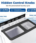 Close-up of a Portable Twin Tub Washing Machine With Drain Pump And Spinner Combo 18 Pound Washer And 8 Pound Spinner For 26 Pound Total Capacity Compact Laundry Unit For Apartments RVs Dorms Gray And White showing hidden control knobs and dual tubs.