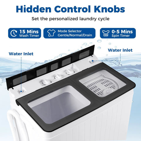 Close-up of a Portable Twin Tub Washing Machine With Drain Pump And Spinner Combo 18 Pound Washer And 8 Pound Spinner For 26 Pound Total Capacity Compact Laundry Unit For Apartments RVs Dorms Gray And White showing hidden control knobs and dual tubs.
