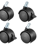 Twin Wheel Nylon Castors With M8 x 13mm Threaded Stem For Office Chairs Shelves And Carts, 4-pack, black, close-up view.