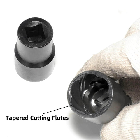 Close-up of 22 Piece Bolt Nut Extractor Set With One Half Inch And Three Eighths Inch Drive Pro Grade Impact Lug Nut Remover Sockets