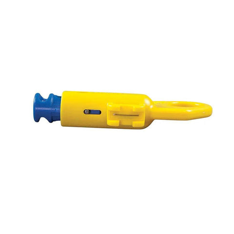 Yellow and blue twisted pair radial stripper for shielded and unshielded cables Cat3 Cat5e Cat6A with ergonomic finger loop.