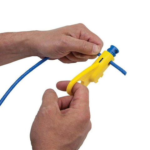 Hands using Twisted Pair Radial Stripper For Shielded And Unshielded Cables Cat3 Cat5e Cat6A with blue cable