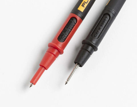 Close-up of Twistguard Test Leads, 2 mm Diameter Probe Tips in red and black with extendable WearGuard insulation.
