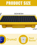 Two Drum Spill Containment Pallet With Drain Outlet 26 X 14 X 4.7 Inch Heavy Duty Leakproof Platform with product dimensions shown