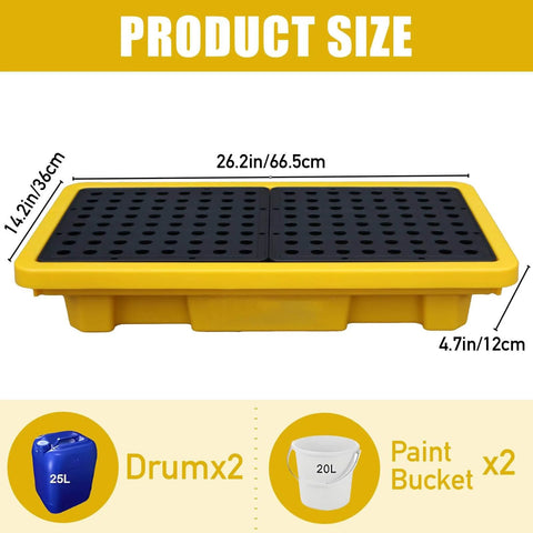 Two Drum Spill Containment Pallet With Drain Outlet 26 X 14 X 4.7 Inch Heavy Duty Leakproof Platform with product dimensions shown