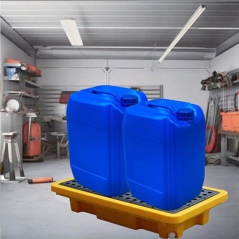 Two Drum Spill Containment Pallet With Drain Outlet 26 X 14 X 4.7 Inch Heavy Duty Leakproof Platform 2000 Lb Load Capacity