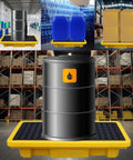 Two Drum Spill Containment Pallet With Drain Outlet 26 X 14 X 4.7 Inch Heavy Duty Leakproof Platform shown in industrial use.