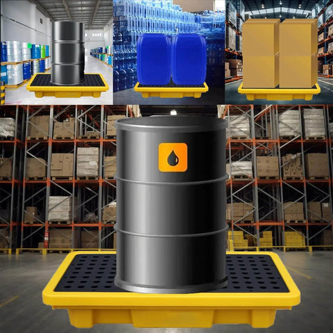 Two Drum Spill Containment Pallet With Drain Outlet 26 X 14 X 4.7 Inch Heavy Duty Leakproof Platform shown in industrial use.