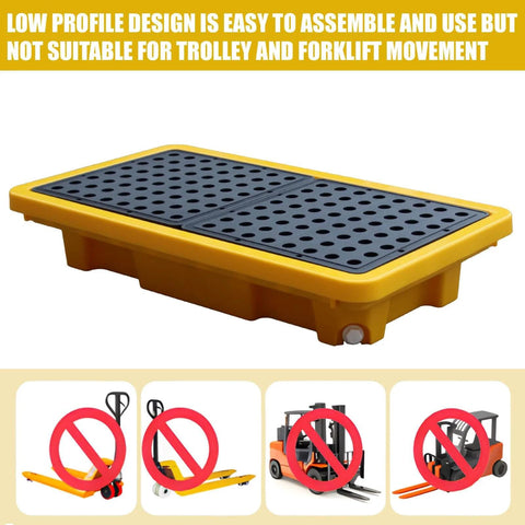 Two Drum Spill Containment Pallet With Drain Outlet 26 X 14 X 4.7 Inch Heavy Duty Leakproof Platform 2000 Lb Load Capacity