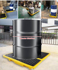 Two Drum Spill Containment Pallet holding a black drum, Polyethylene Low Profile Paint Bucket Tray For Industrial Garage Storage, Yellow 2 Pack