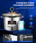 Two Gallon Vacuum Chamber Kit With 1/4 HP Vacuum Pump For Easy Wood Stabilization And Silicone Degassing Includes Tempered Glass Lid And 5 Ft Hose For Resin Casting And Molding Projects Orion Motor Tech displayed with specifications.