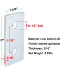 Ten Pack Two Hole Flat Plate Fittings For One And Five Eighths Inch Strut Channel, Three And One Half Inch Long, Three Sixteenth Inch Thick, Electro Galvanized Carbon Steel Bracket With Silver Finish, front view of fitting with detailed measurements.