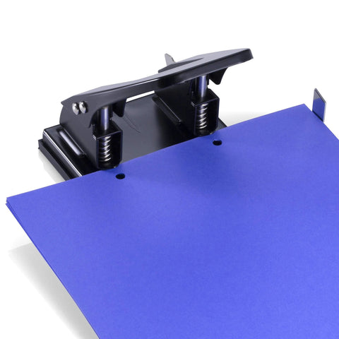 Two Hole Paper Punch 30 Sheet Capacity Black For Office And School With Adjustable Guide And Easy Chip Tray in use