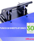 Two Hole Paper Punch 30 Sheet Capacity Black for Office and School with adjustable guide shown punching blue paper