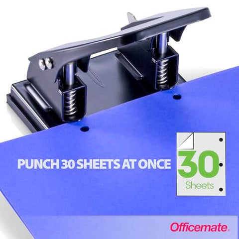 Two Hole Paper Punch 30 Sheet Capacity Black for Office and School with adjustable guide shown punching blue paper