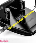 Close-up of Two Hole Paper Punch 30 Sheet Capacity Black with Adjustable Guide and metal build for office and school use.
