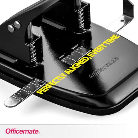 Close-up of Two Hole Paper Punch 30 Sheet Capacity Black with Adjustable Guide and metal build for office and school use.