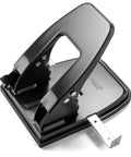 Black two hole paper punch, 30 sheet capacity, with adjustable guide and easy chip tray for office and school use.