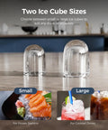 Two ice cubes showing different sizes for Effortlessly chill drinks with a compact countertop ice maker that delivers up to 26 lb of bullet ice daily