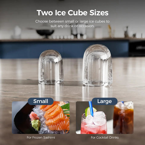 Two ice cubes showing different sizes for Effortlessly chill drinks with a compact countertop ice maker that delivers up to 26 lb of bullet ice daily