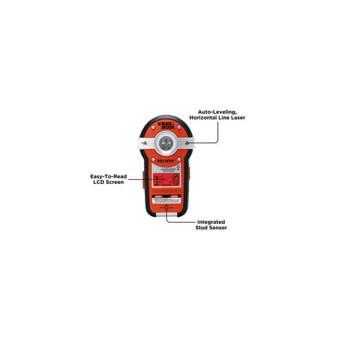Two in one line laser with auto leveling and stud finder, featuring easy-to-read LCD screen and integrated stud sensor for precise wall hanging.
