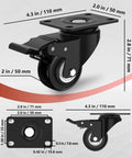 Two Inch Heavy Duty Caster Wheels Set Of Four With Brakes Locking Industrial Swivel Top Plate Casters For Furniture Workbenches And Carts Total Load 800 Lbs With 200 Lbs Per Wheel Quiet Smooth Rolling And Easy Mobility With Two Hardware Kits Included, shown with dimensions and brake details.