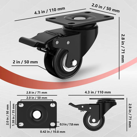 Two Inch Heavy Duty Caster Wheels Set Of Four With Brakes Locking Industrial Swivel Top Plate Casters For Furniture Workbenches And Carts Total Load 800 Lbs With 200 Lbs Per Wheel Quiet Smooth Rolling And Easy Mobility With Two Hardware Kits Included, shown with dimensions and brake details.
