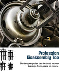 Close-up of 4 Bearing Puller 2'' 3'' 4'' 6'' with 2 Jaws Bearing Puller Tool in use removing gear bearings, professional disassembly tools.