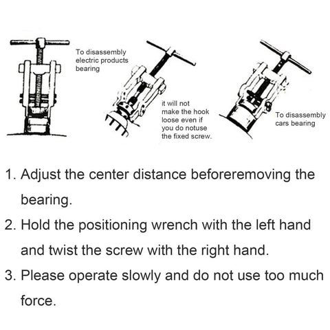 Illustration of Two Jaws Bearing Puller Tool with instructions for disassembling bearings in electric products and cars.