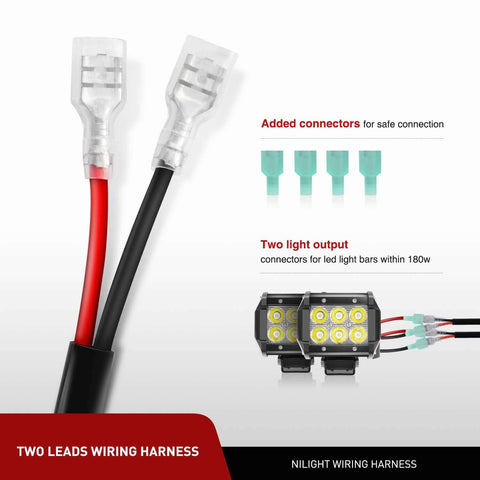 16 AWG Off Road LED Light Bar Wiring Harness Kit with connectors for safe wiring, two light outputs visible