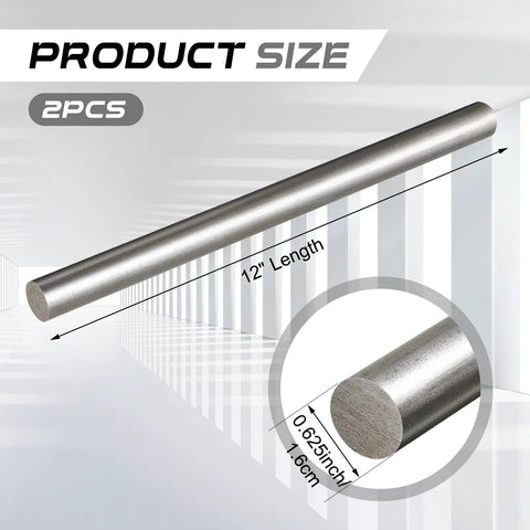 Two Pack 12 Inch Long 0.625 Inch Diameter 1018 Carbon Steel Round Rods, Cold Rolled, Unpolished Finish, product size diagram