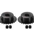 Two Pack 25 Tooth Roller Chain Sprocket With 12 Millimeter Bore For ISO 04C Chain Quarter Inch Pitch C45 Carbon Steel With Black Oxide Finish High Hardness Teeth Includes Set Screws And Keyway Five By Two Point Three Millimeter Sprocket, front view showing two sprockets and set screws.