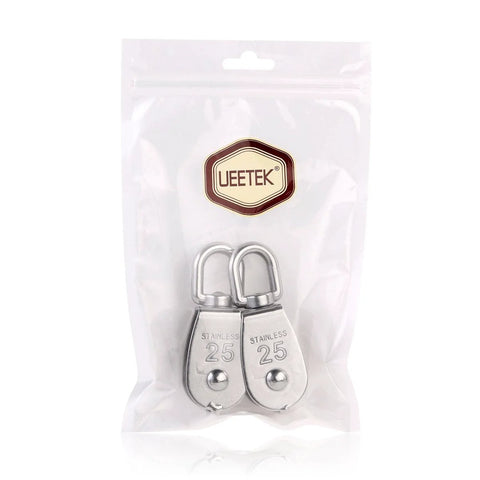 Two Pack 25mm 304 stainless steel pulley blocks with a 400 kg rating in sealed packaging, showcasing rust resistant construction.