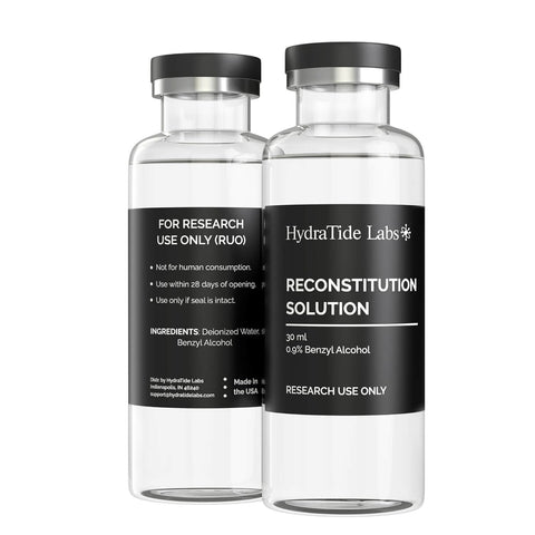 Two Pack 30 mL Glass Reconstitution Vials With Deionized Water And 0.9 Percent Benzyl Alcohol For Research Use, front view