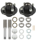 Two Pack 4 On 4 Inch Trailer Hub And One And One Sixteenth Inch Square BT16 Spindle Bearing Kit With Spindle Nut Washer Cotter Pin Includes Two Hubs Two BT16 Spindles Four Bearings Grease Seals Dust Caps Lug Nuts For Easy Replacement And Quick Swap displayed with all components arranged