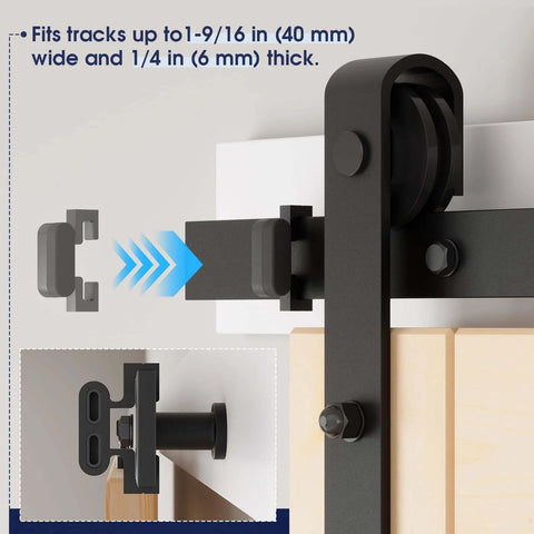 Two Pack Aluminum Barn Door Stopper For Top Track 1 9 16 Inch With Hex Wrench And Rubber Buffer, shown installed on door track
