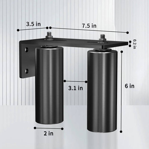 Two Pack Heavy Duty Slide Gate Guide Roller 6 Inch Black L Shaped Rear Post Bracket Adjustable Dual Nylon Gate Roller Guide Support Assembly for Sliding Rolling Gates Built For Outdoor Use With Durable Steel For Smooth Gate Operation with black steel bracket and dual nylon rollers.