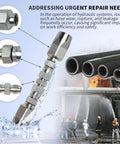 Two Pack Hydraulic Hose Field Repair Kit For Three Eighths Inch Inner Diameter Hoses Reusable Zinc Plated Components For Durable Two Wire Braided Hose Repairs Compatible With R2 And R1, shown with components and hoses in water spray.