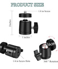 Two Pack Universal 1/4 Inch Mini Ball Head Mount With 360 Degree Rotation, product dimensions and features.