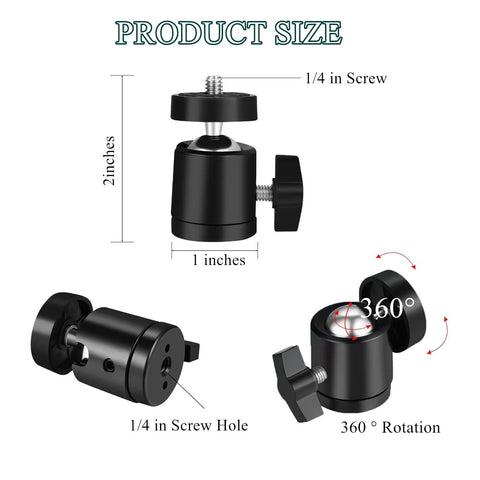 Two Pack Universal 1/4 Inch Mini Ball Head Mount With 360 Degree Rotation, product dimensions and features.
