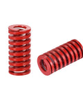 Two Pack Red Die Springs For 3D Printers, 20mm Outer Diameter, 11mm Inner Diameter, 40mm Free Length shown in standing and lying position